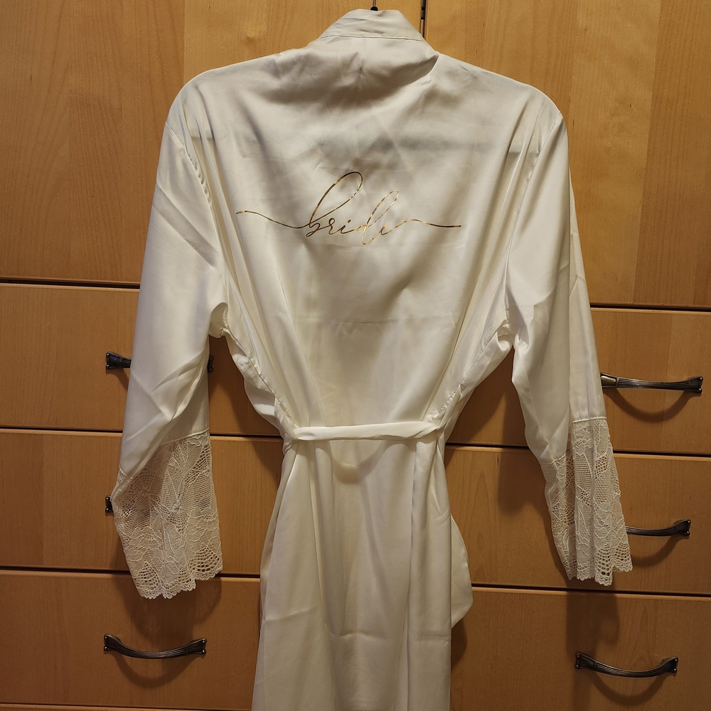 Embroidered Bride Satin Robe with Lace Trim - Ivory